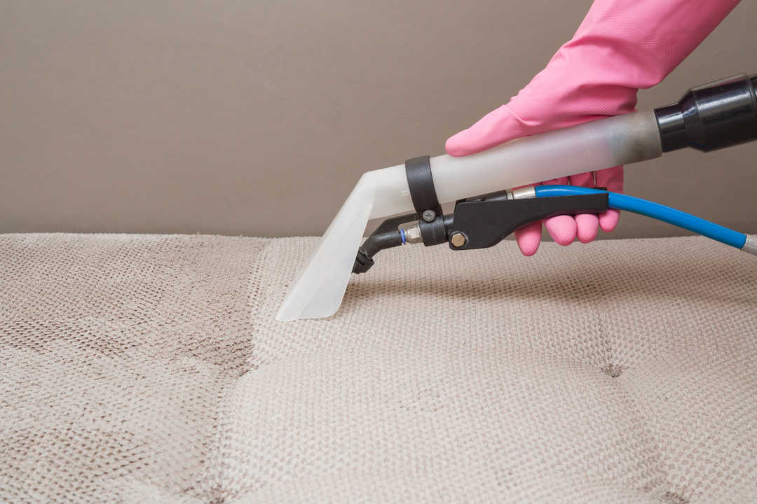 Sofa chemical cleaning with professionally extraction method. Hand in rubber protective glove holding nozzle of extractor. Upholstered furniture. Early spring or regular clean up.