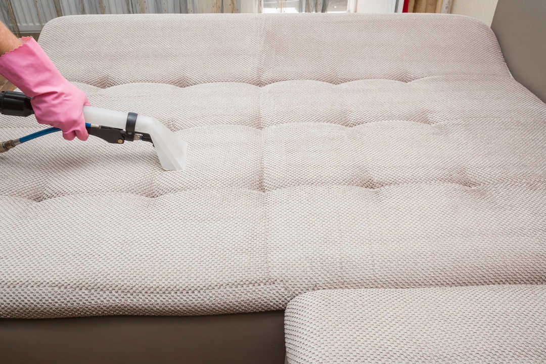 Sofa chemical cleaning with professionally extraction method. Hand in rubber protective glove holding nozzle of extractor. Upholstered furniture. Early spring or regular clean up.