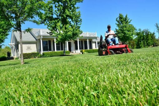 Guy on rideon mower out front of house